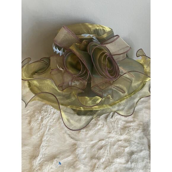 Beautiful Satin Kentucky Derby hat Church Gold Hat Fancy Formal Flower - Picture 3 of 9